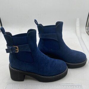Blue Buckle Ankle Boots Round Closed Toe Zippers Boot Platform Block Heels Shoes
